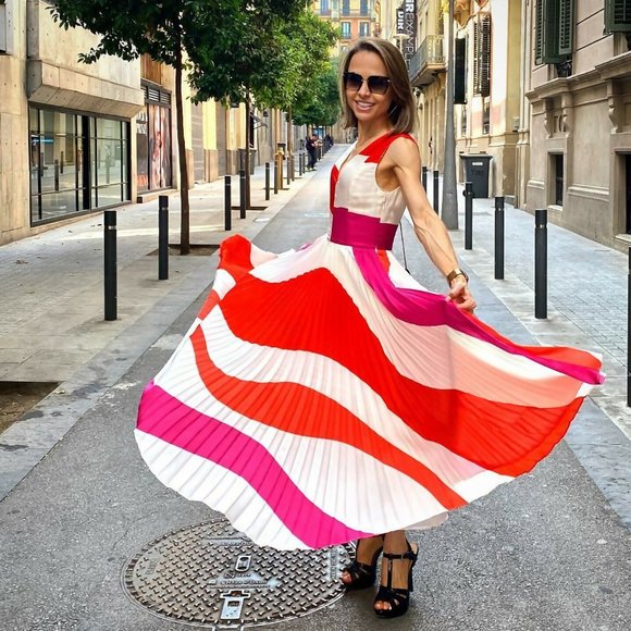 Mango Dresses & Skirts - 🎉🎈HOST PICK 🎉🎈Mango white Red Pink Midi Pleated Dress Sleeveless V Neck Sz 6